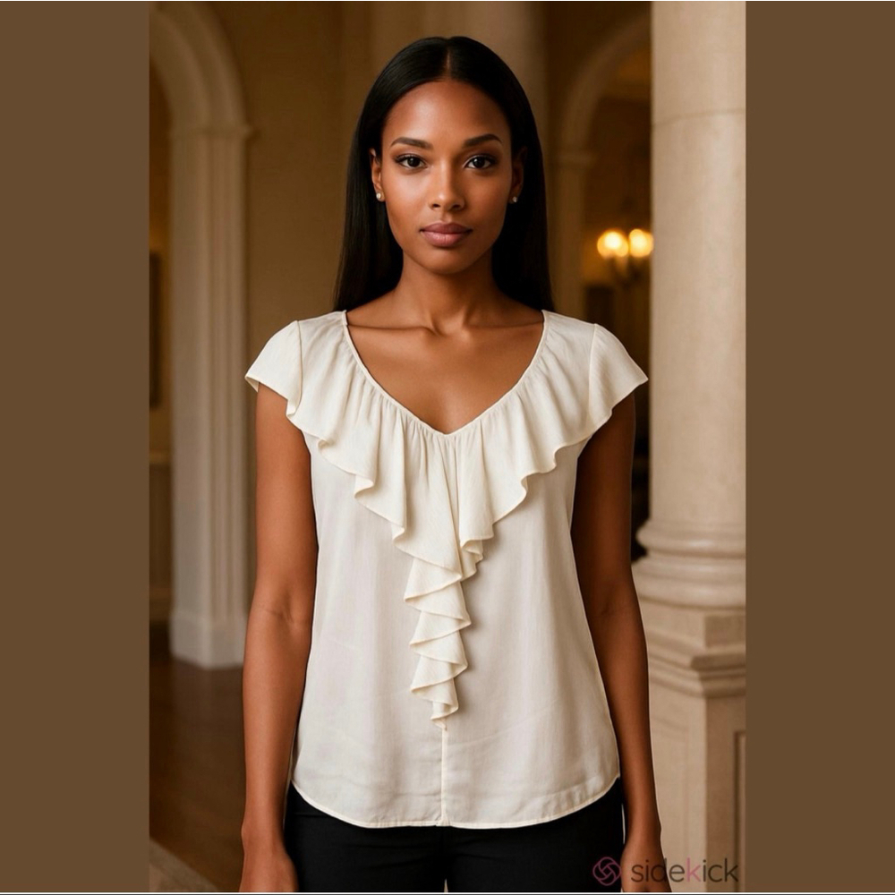 St. John Silk Blend Ruffled Blouse Cream Size 8